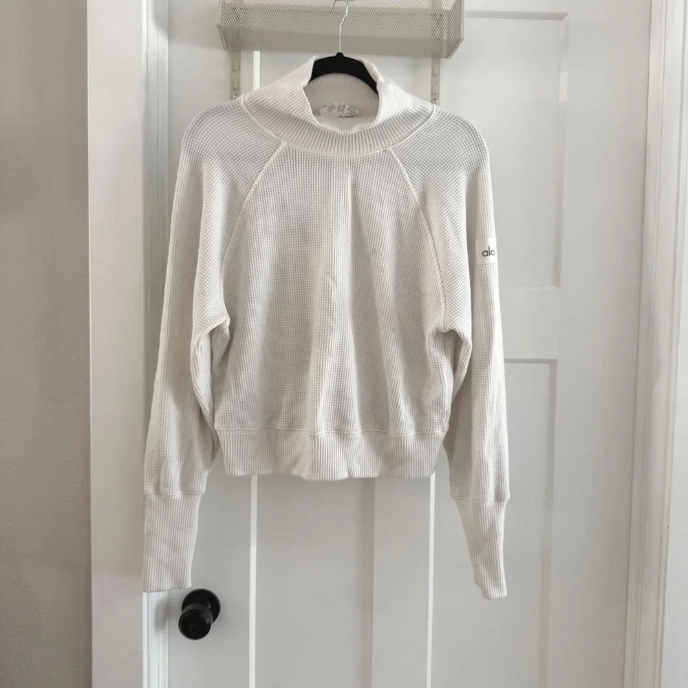 Alo Yoga Women White Waffle Knit Mock Neck Cropped Pullover Sweater XS